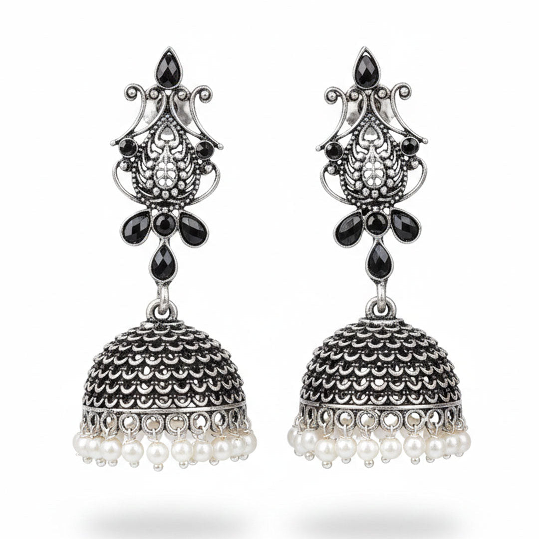 Royal Triple Bell Layered Jhumka Earring (Black) Kalash Kamal earring (Black) Combo set