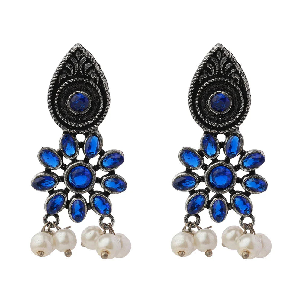 Royal Triple Bell Layered Jhumka Earring (Black) Drew flower pearl stud earrings (Blue) Combo set
