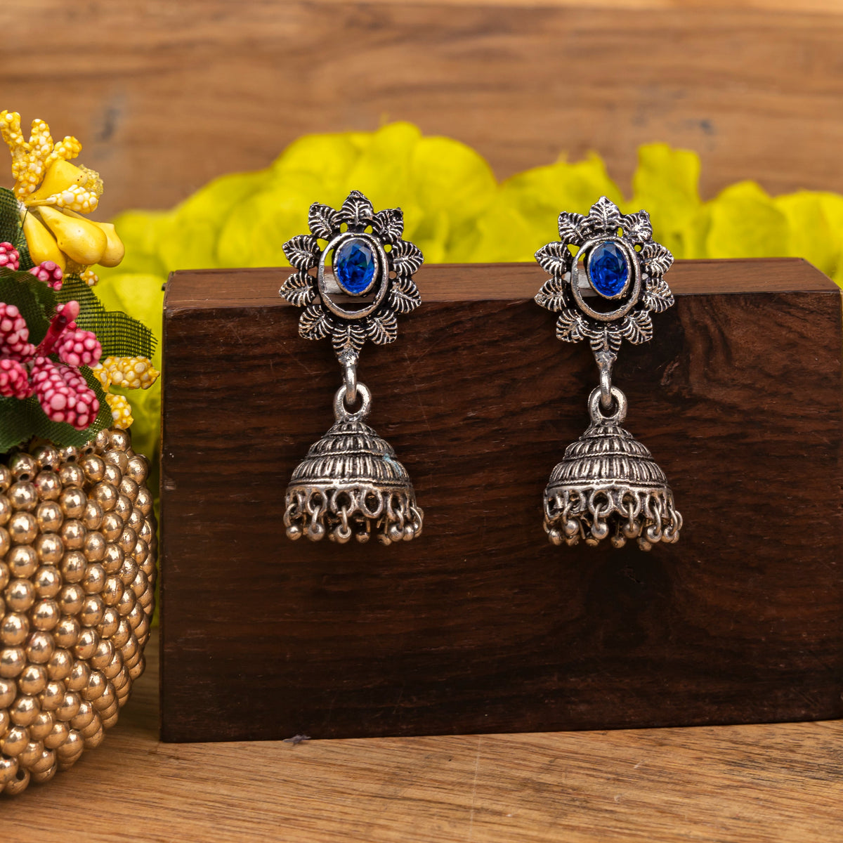 floral charm traditional jhumka earrings (Blue)