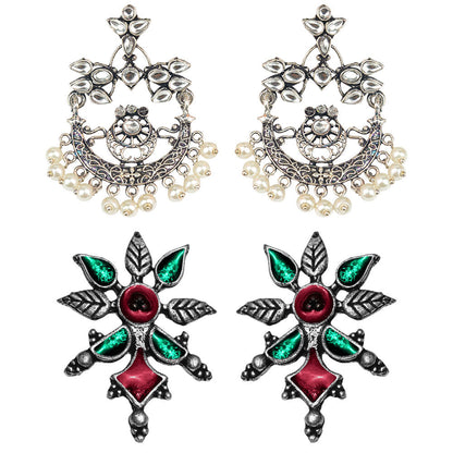 StylishKudi Oxidised Silver Stud & Chandbali Earrings Combo Set for Women&girl