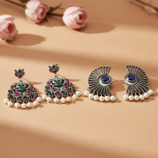 StylishKudi Oxidised Silver Jhumka & Stud Earrings ComboSet for Women&girl