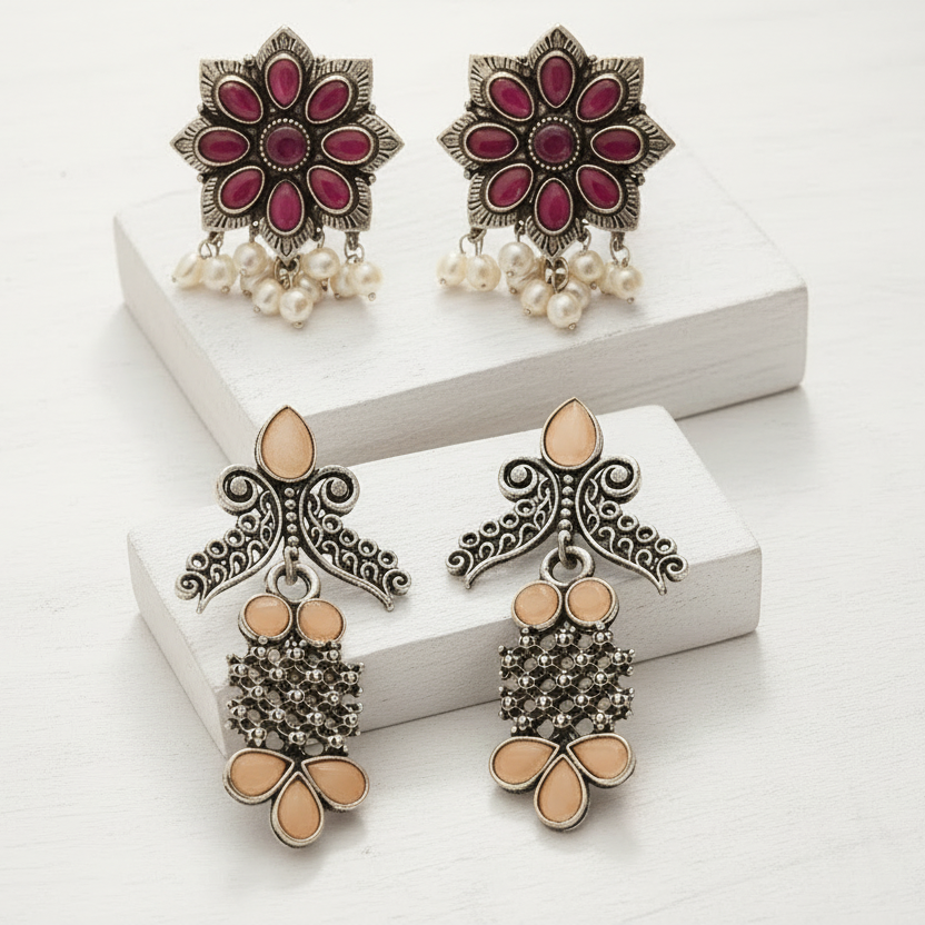 StylishKudi Oxidised Silver Earrings&Chandbali Earrings ComboSet for Women&girl