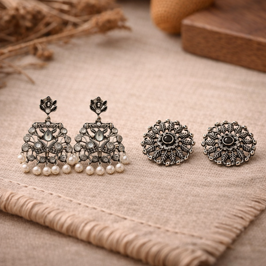 Peacock glow stone studded dangler earrings &Wildflower oxidised stud earrings Combo set for Women and Girl