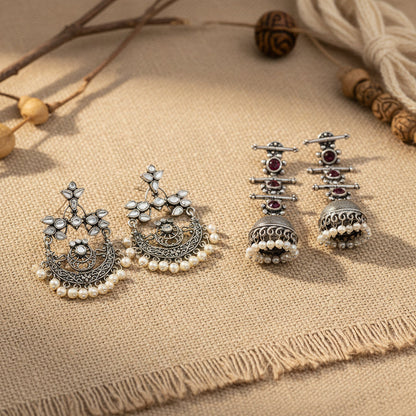 Carved Charm Dangler earrings & Royal Triple Bell Layered Jhumka Earring Combo set