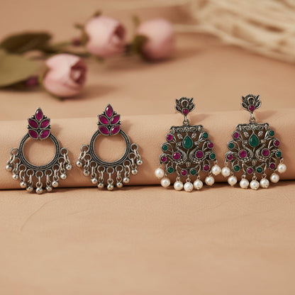 Fine Shine stud earrings (Red)&Peacock glow stone studded dangler earrings (Multicolored) Combo set