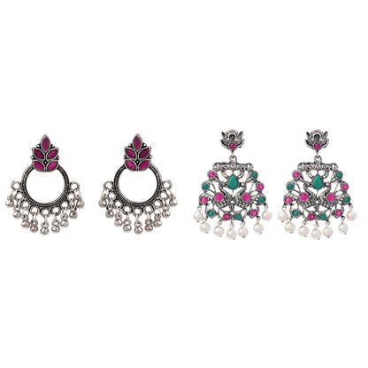 Fine Shine stud earrings (Red)&Peacock glow stone studded dangler earrings (Multicolored) Combo set