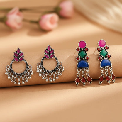 Fine Shine stud earrings (Red)&Rainbow rhine dangler earrings (Multicolored) Combo set