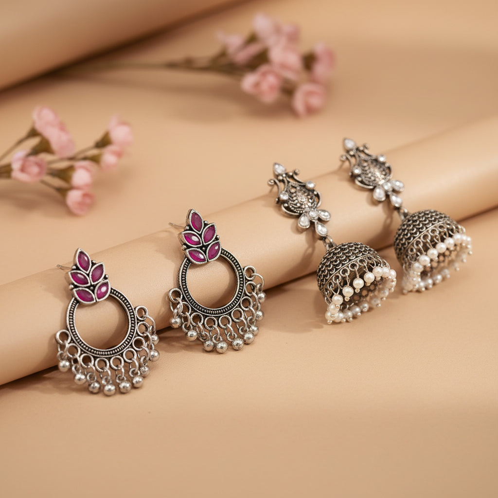 Fine Shine stud earrings (Red)&Sapphire Seher pearl jhumka earrings (White) Combo set