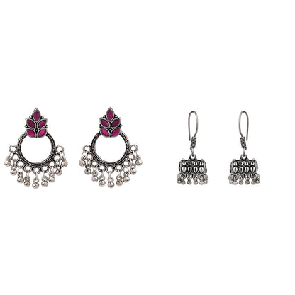 Fine Shine stud earrings (Red)&Tiny Twinkle jhumki earring (Silver) Combo set