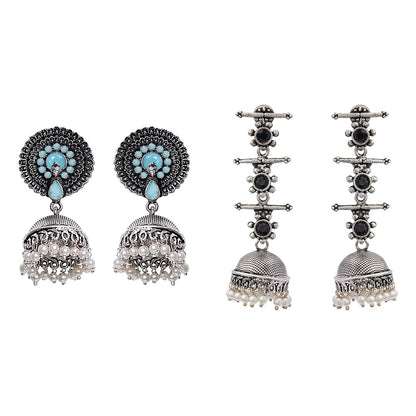 Evergreen earrings (Mint) Royal Triple Bell Layered Jhumka Earring (Black) Combo set