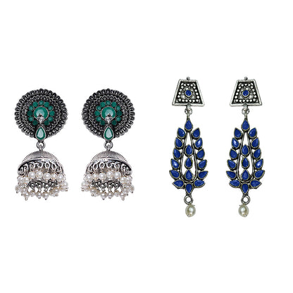 Evergreen earrings (Green) Precious Petal stone studded dangler earring (Blue) Combo set