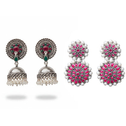 Evergreen earrings (Multicolored) Double boho floral dangler earring (Red) Combo set