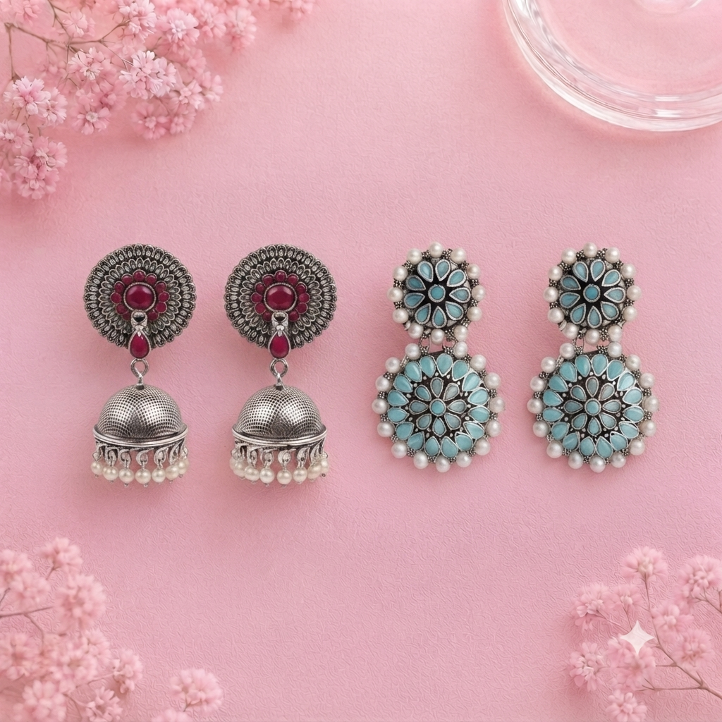 Evergreen earrings (Red) Double boho floral dangler earring (Mint) Combo set
