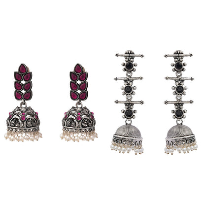Leaf Cascade jhumki earrings (Red) Royal Triple Bell Layered Jhumka Earring (Black) Combo set