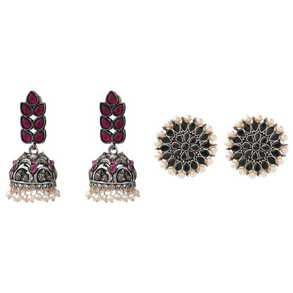 Leaf Cascade jhumki earrings (Red) Desi Diva stud earring (Black) Combo set