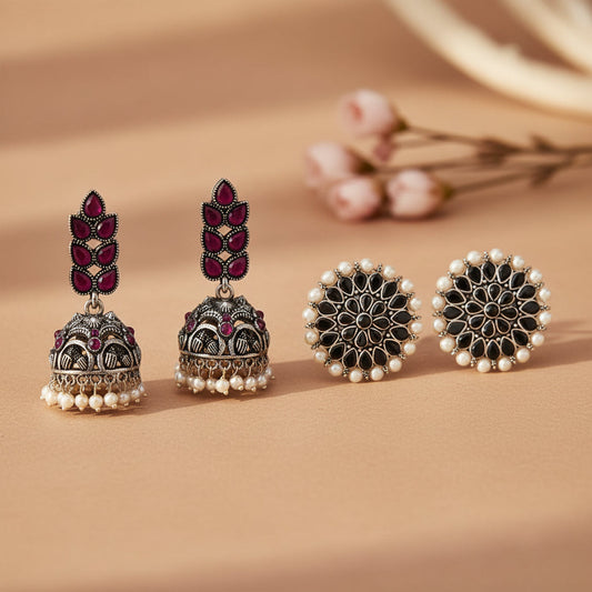 Leaf Cascade jhumki earrings (Red) Desi Diva stud earring (Black) Combo set