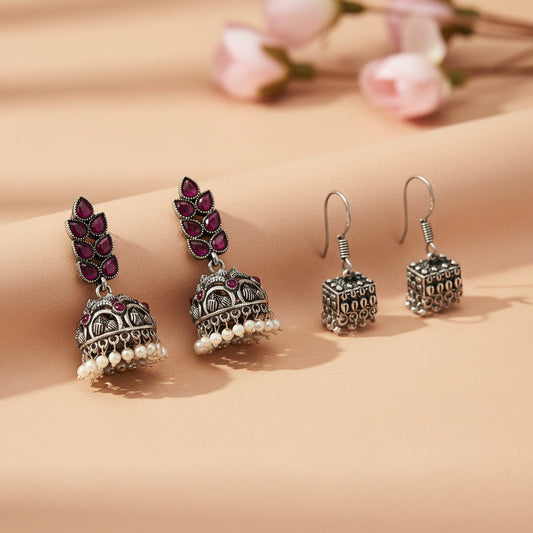 Leaf Cascade jhumki earrings (Red) Tiny Twinkle jhumki earring (Silver) Combo set