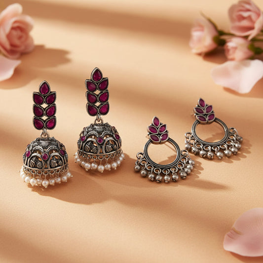 Leaf Cascade jhumki earrings (Red) Fine Shine stud earrings (Red) Combo set
