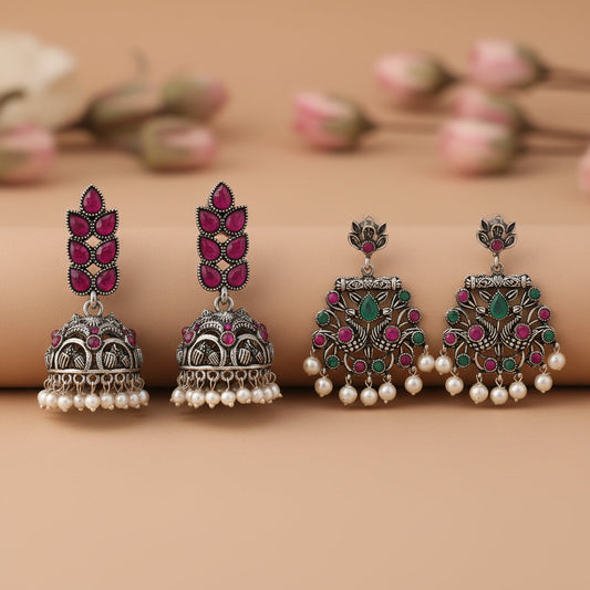 Leaf Cascade jhumki earrings (Red) Peacock glow stone studded dangler earrings (Multicolored) Combo set