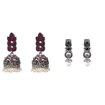 Leaf Cascade jhumki earrings (Red) Wonderful wildflower oxidised stud earrings (Black) Combo set