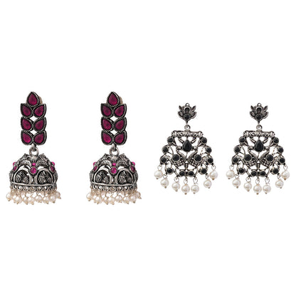 Leaf Cascade jhumki earrings (Red) Peacock glow stone studded dangler earrings (Black) Combo set