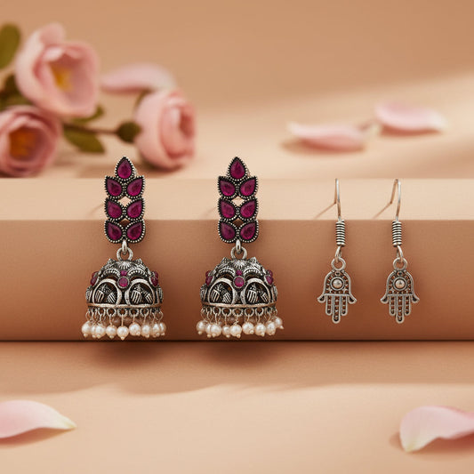 Leaf Cascade jhumki earrings (Red) Evil Eye guard dangler earrings (Silver) Combo set