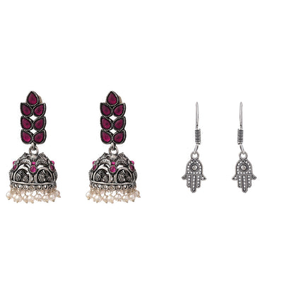 Leaf Cascade jhumki earrings (Red) Evil Eye guard dangler earrings (Silver) Combo set