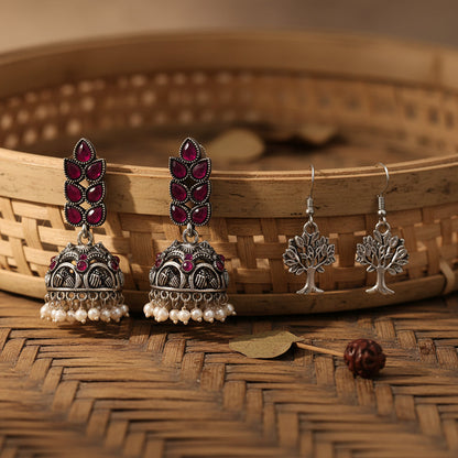 Leaf Cascade jhumki earrings (Red) Roots of elegance dangler earrings (Silver) Combo set