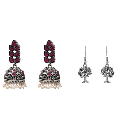Leaf Cascade jhumki earrings (Red) Roots of elegance dangler earrings (Silver) Combo set