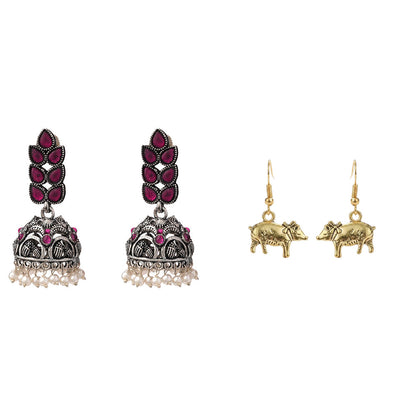 Leaf Cascade jhumki earrings (Red) piggy dangler earrings Combo set