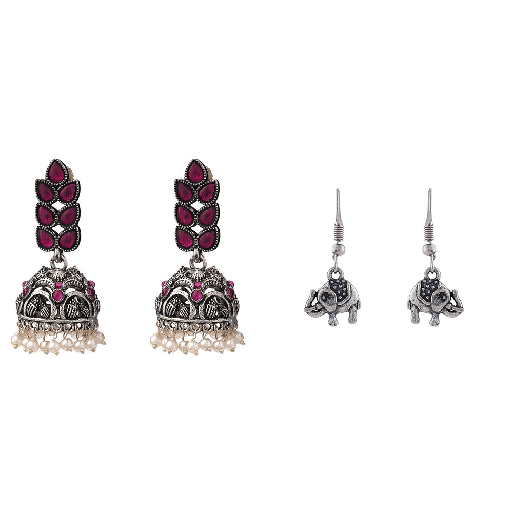 Leaf Cascade jhumki earrings (Red) Trunk Tales dangler earrings (Silver) Combo set