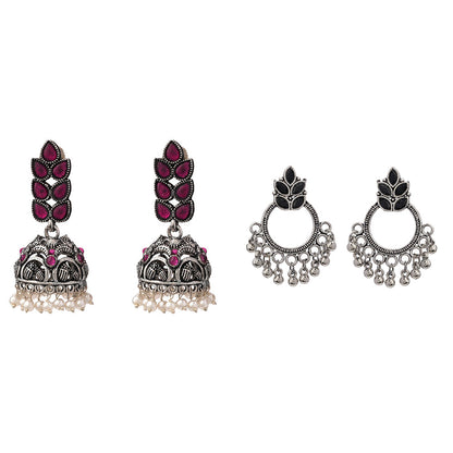 Leaf Cascade jhumki earrings (Red) Fine Shine stud earrings (Black) Combo set
