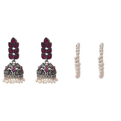 Leaf Cascade jhumki earrings (Red) Pearl Prestige hoop earrings (White) Combo set