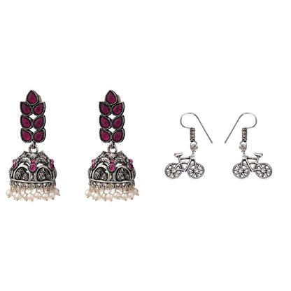Leaf Cascade jhumki earrings (Red) Cycle Charm Dangler earrings (Silver) Combo set