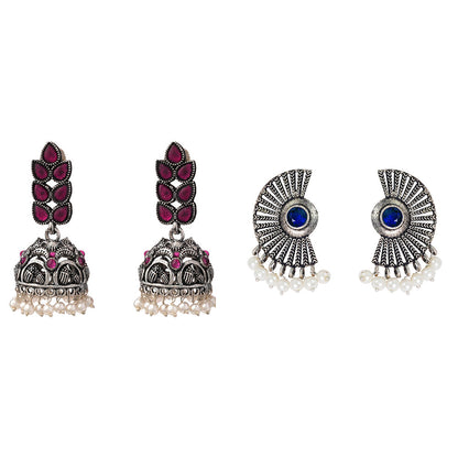 Leaf Cascade jhumki earrings (Red) Bloom Arc pearl stud earring (Blue) Combo set