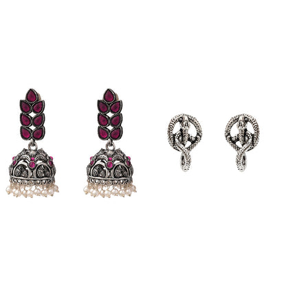 Leaf Cascade jhumki earrings (Red) Swirly snake oxidised stud earrings (Silver) Combo set