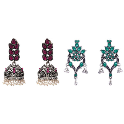 Leaf Cascade jhumki earrings (Red) Tint and Twinkle earrings (Green) Combo set