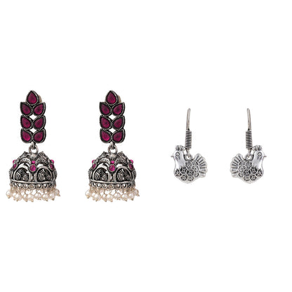 Leaf Cascade jhumki earrings (Red) Rooster radiance dangler earrings (Silver) Combo set