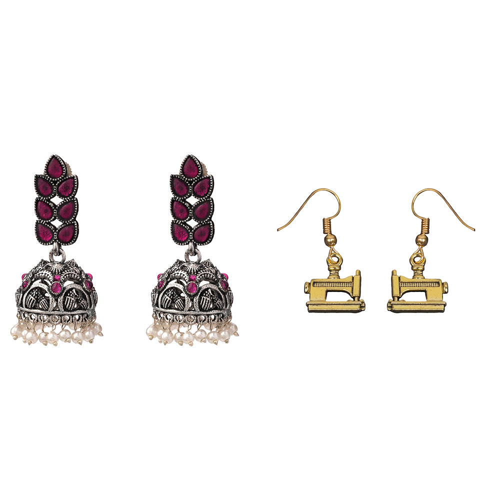 Leaf Cascade jhumki earrings (Red) Sew-chic dangler earrings Combo set