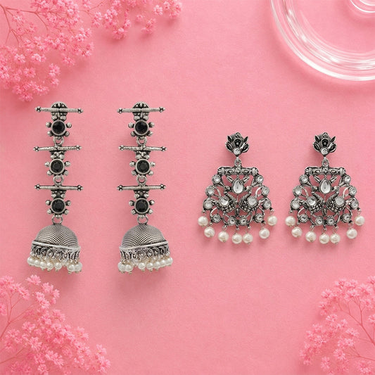 Royal Triple Bell Layered Jhumka Earring (Black) Peacock glow stone studded dangler earrings (White) Combo set