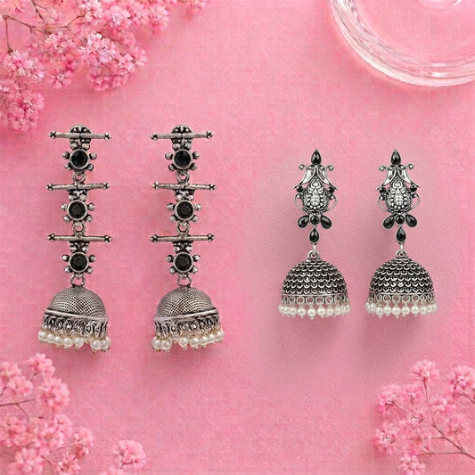 Royal Triple Bell Layered Jhumka Earring (Black) Kalash Kamal earring (Black) Combo set
