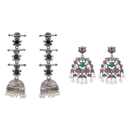 Royal Triple Bell Layered Jhumka Earring (Black) Peacock glow stone studded dangler earrings (Multicolored) Combo set