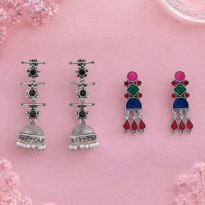 Royal Triple Bell Layered Jhumka Earring (Black) Rainbow rhine dangler earrings (Multicolored) Combo set