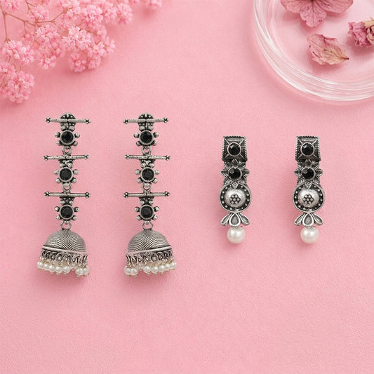 Royal Triple Bell Layered Jhumka Earring (Black) Kalash Kamal earring (White) Combo set