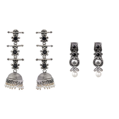Royal Triple Bell Layered Jhumka Earring (Black) Kalash Kamal earring (White) Combo set
