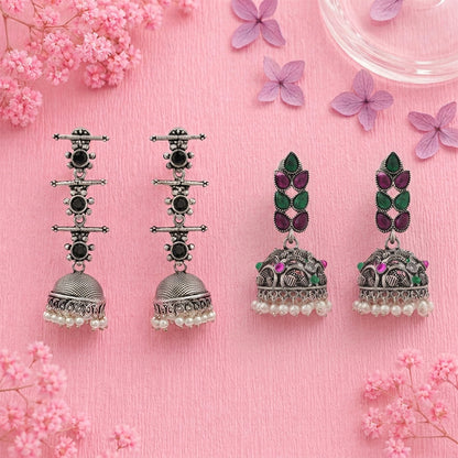 Royal Triple Bell Layered Jhumka Earring (Black) Leaf Cascade jhumki earrings (Multicolored) Combo set