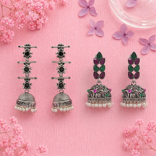 Royal Triple Bell Layered Jhumka Earring (Black) Leaf Cascade jhumki earrings (Multicolored) Combo set