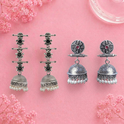 Royal Triple Bell Layered Jhumka Earring (Black) Charmbell earrings (Red) Combo set