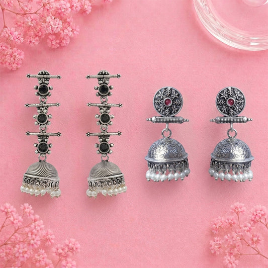 Royal Triple Bell Layered Jhumka Earring (Black) Charmbell earrings (Red) Combo set