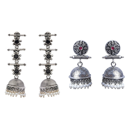 Royal Triple Bell Layered Jhumka Earring (Black) Charmbell earrings (Red) Combo set